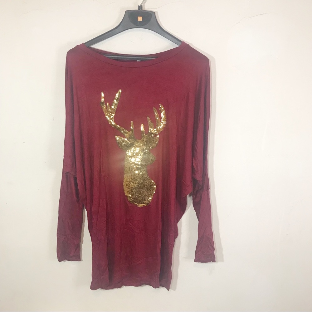 Celeste Gold Sequin Deer Red Tunic Top